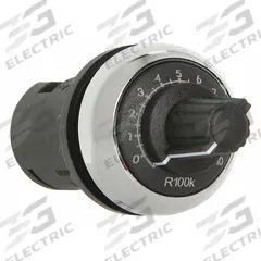 EATON Potentiometer: 22 mm Panel Mounting Size, 10,000 ohm Max Resist Rating, Series M22 (MPN M22M-R10K-RH). Key specifications — Manufacturer Part Number: M22M-R10K-RH; Series: M22; Brand: EATON; Includes Dial Plate: Dial Plate Included; Knob Style: Oversized; Bezel Style: Metallic (Chrome).