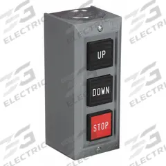 SQUARE D Control Station: (3) Push Buttons, 0 Pilot Lights, 2NO/3NC, Up/Down/Stop, (3) Momentary (MPN 9001BG305). Key specifications — attr1022946: Up/Down/Stop; attr1022956: Red; attr211290: SQUARE D; attr1042017: Indoor Use Only; attr1089900: (3) Push Buttons.