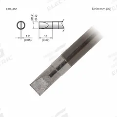 HAKKO Soldering Tip: T39 Series, Chisel, 5.2 mm W, 10 mm Lg (MPN T39-D52). Key specifications — Brand: HAKKO; Compatible Handpiece Manufacturer Model Number: FX-9702; Manufacturer Part Number: T39-D52.