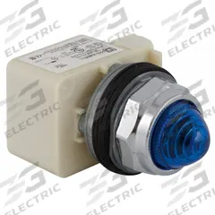 SCHNEIDER ELECTRIC Pilot Light: 30 mm Panel Mounting Size, Blue, LED, 9001K Series (MPN 9001KP35LLL9). Key specifications — Series: 9001K; Brand: SCHNEIDER; Includes Push-To-Test: No Push-To-Test Included.