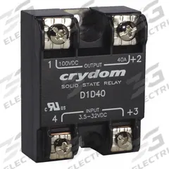 CRYDOM Solid State Relay: Surface Mounted, 40 A Max Output Current, MOSFET, DC Output (MPN D1D40). Key specifications — Brand: CRYDOM; Current Type: DC; Electrical Connection: Screw Clamp; Finger Safe: No; Input Current: 15 mA; Maximum Output Current without Heat Sink: Not Recommended; Mounting Style: Panel; Output Voltage: 1 to 72V DC.