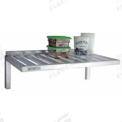 NEW AGE INDUSTRIAL T-Bar Wall Shelf: 60 in x 20 in x 13 in, 60 in x 20 in, 500 lb Load Capacity (MPN 1123). Key specifications — Material: Aluminum; Standards: NSF; Finish: Unfinished; Includes: (4) Assorted Heavy Duty Hooks For Combination Rail; Brand: NEW AGE INDUSTRIAL.