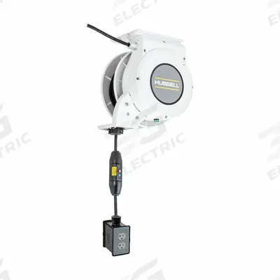 HUBBELL WIRING DEVICE-KELLEMS Extension Cord Reel: Ratchet Lock, 25 ft Cord Lg, 12 AWG, SJO - Motorized Self-Retracting Cord Reels