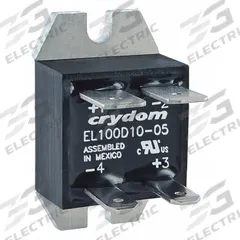 CRYDOM Solid State Relay: Surface Mounted, 10 A Max Output Current, MOSFET, DC Output (MPN EL100D10-05). Key specifications — Brand: CRYDOM; Current Type: DC; Electrical Connection: Quick-Connect; Finger Safe: No; Input Current: 27 mA; Maximum Output Current without Heat Sink: 9 A; Mounting Style: Panel; Output Voltage: 3 to 100V DC.