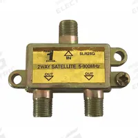 POWER FIRST Cable Splitter: (1) F-Type Female x (2) F-Type Female Splitter, Max. 900 MHz, Gold (MPN 5LR25). Key specifications — Product Type: Audio/Video Splitter; Manufacturer Part Number: 5LR25; Color: Gold; Brand: POWER FIRST; End 1 Connection Type: F-Type Female; End 2 Connection Type: F-Type Female.