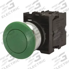 EATON Mushroom Head Push Button: Green, 22 mm Mounting Size, Non-Metallic, Maintained (MPN M22-DRP-G). Key specifications — Brand: EATON; Action: Maintained; Series: M22; Push Button Material Type: Non-Metallic.