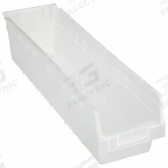 AKRO-MILS Shelf Bin: 23 5/8 in Overall Lg, 6 5/8 in x 6 in, Clear, Nesting Capable, Not Hangable (MPN 30094SCLAR). Key specifications — attr1179622: AKRO-MILS; attr1179611: 0%; attr1179616: 30094SCLAR; attr1179624: Dividers Not Included; attr1249172: Not Electrostatic Discharge Conductive.