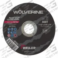 WEILER Abrasive Cutoff Wheel: Type 1, 4 1/2" x 1/16" x 7/8", Aluminum Oxide, 60 Grit, Wolverine (MPN 56103). Key specifications — Series: Wolverine; Brand: WEILER.
