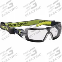 HEXARMOR Safety Glasses: Clear Lens Color, Frameless, Anti-Fog, Dielectric/Vented, MX200G Series (MPN 11-12002-05). Key specifications — Series: MX200G; Lens Color: Clear; Frame Color: Charcoal/High-Visibility Yellow; Brand: HEXARMOR.