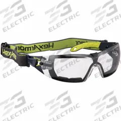 HEXARMOR Safety Glasses: Clear Lens Color, Frameless, Anti-Fog, Dielectric/Vented, MX200G Series (MPN 11-12002-05). Key specifications — Series: MX200G; Lens Color: Clear; Frame Color: Charcoal/High-Visibility Yellow; Brand: HEXARMOR.