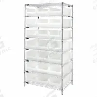 QUANTUM STORAGE SYSTEMS Shelving Unit: 36 in x 24 in x 74 in, 1 Sided, 21 Bins, Shelf Bin, Clear (MPN WR8-952CL). Key specifications — Includes Bins: Yes; Frame Color: Chrome; Bin HxWxD: 12 x 22-1/2 x 23-7/8 in; Frame Material: Carbon Steel; Bin Color: Clear; Bin Style: Shelf; Brand: QUANTUM STORAGE SYSTEMS.