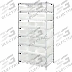 QUANTUM STORAGE SYSTEMS Shelving Unit: 36 in x 24 in x 74 in, 1 Sided, 21 Bins, Shelf Bin, Clear (MPN WR8-952CL). Key specifications — Includes Bins: Yes; Frame Color: Chrome; Bin HxWxD: 12 x 22-1/2 x 23-7/8 in; Frame Material: Carbon Steel; Bin Color: Clear; Bin Style: Shelf; Brand: QUANTUM STORAGE SYSTEMS.