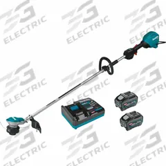 MAKITA Battery-Powered String Trimmer: 15 in Cutting Wd, Straight Shaft, Not Capable, 25 cc, 5.0 Ah (MPN GRU01T). Key specifications — attr975803: Not Rated; attr975783: MAKITA; attr975787: 15 in; attr975804: Straight; attr975780: 5.0 Ah; attr987328: No.