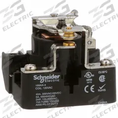 SCHNEIDER Open Power Relay: Surface Mounted, 40 A Current Rating, 120V AC, SPDT, 5 Pins/Terminals (MPN 199AX-4). Key specifications — Brand: SCHNEIDER; Base Type: Square; Mounting Style: Surface; Electrical Connection: Screw Terminal; Manufacturer Part Number: 199AX-4; Operating Current: 5 A at 600V AC (Resistive Load); Series: 199 Power Series.