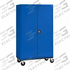 SANDUSKY Shelf Cabinet: Casters, 46 in x 24 in x 78 in, Recessed, Three-Point Locking, 4 Shelves. Key specifications — Door Handle Type: Recessed; Frame Assembled: Assembled; Cabinet Finish: Powder Coated; Cabinet Material: Steel; Base Type: Casters; Cabinet Color: Blue; Shelf Adjustability: (4) Adjustable; Cabinet Storage Components: Shelves.