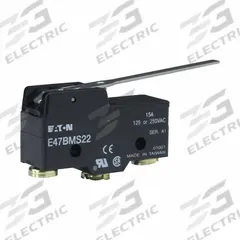 EATON Snap Action Switch: Lever Actuator, SPDT, Screw Terminals (MPN E47BMS22). Key specifications — AC Contact Rating: 15 A @ 250 V; Electrical Connection: Screw Terminals; Series: E47; Brand: EATON.