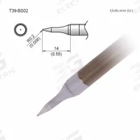 HAKKO Soldering Tip: T39 Series, Conical, 0.2 mm W, 14 mm Lg (MPN T39-BS02). Key specifications — Brand: HAKKO; Compatible Handpiece Manufacturer Model Number: FX-9702; Manufacturer Part Number: T39-BS02.