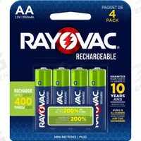 RAYOVAC Rechargeable Battery: AA Battery Size, Nickel-Metal Hydride, 1.2V DC, 4 PK (MPN LD7154). Key specifications — Battery Chemistry: Nickel-Metal Hydride; Voltage - Batteries: 1.2V DC; Brand: RAYOVAC.