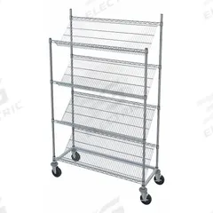 METRO Wire Shelf Utility Cart: 600 lb, 4 Shelf, 48 in L x 18 in W x 78 in H Dim, Silver, Slanted (MPN 63UP 74UP 5M 5MB 1848DNC-4 35N3C-1PKG). Key specifications — attr1345332: Slanted; attr1345325: (2) Swivel with Brake; attr1345330: Chrome; attr1345338: METRO.