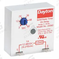 DAYTON Single Function Encapsulated Timing Relay: Surface Relay Mounting, 12 to 48V DC/24 to 240V AC (MPN 2A562). Key specifications — Input Voltage: 12 to 48V DC; Brand: DAYTON.
