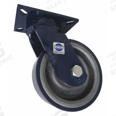 RWM Plate Caster: Swivel, Polyurethane, 8 in Wheel Dia, 3 in Wheel Wd, 10 1/2 in Mounting Ht - Heavy-Duty General-Purpose Kingpinless Plate Casters