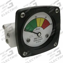 MIDWEST INSTRUMENT 3-Color Differential Pressure Indicator: 1,000 psig Max. Static Pressure, 522 (MPN 522P-050). Key specifications — Brand: MIDWEST INSTRUMENT; Accuracy: ±5% of Full Scale; Sensor Material: Buna-N; Housing Material: Acetal Plastic; Transition Points: 0 psid to 20 psid (Green) / 20 psid to 30 psid (Yellow) / 30 psid to 50 psid (Red).
