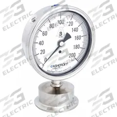 ASHCROFT Pressure Gauge: 0 psi to 200 psi, 3 1/2 in Dial, 2 in Tri-Clamp, Bottom, ±1.50% Accuracy (MPN 35-1032S-20L-200). Key specifications — Brand: ASHCROFT; Case Material: 316L Stainless Steel; Lens Material: Polycarbonate; Pressure Gauge Type: Sanitary Pressure Gauge; Accuracy: ±1.50%; Includes Calibration Certificate: No; Series: 1032S; Vibration Resistance: Dust Resistant.