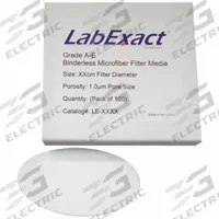 LABEXACT Glass Microfiber Filter: A-E, 5.5 cm Dia, 0.33 mm Thick, 1 um Pore Size (MPN 12K879). Key specifications — attr976405: Filter; attr976393: LABEXACT.