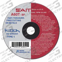 SAIT Abrasive Cut-Off Wheel: Type 1, 2" x 0.035" x 1/4", Aluminum Oxide, 60 Grit, A60T (MPN 23013). Key specifications — Series: A60T; Brand: UNITED ABRASIVES-SAIT.