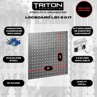 TRITON PRODUCTS Stationary Pegboard Panels: Square, 3/8 in Peg Hole Size, 24 in x 24 in x 9/16 in (MPN LB1-S Kit). Key specifications — Material: Stainless Steel; Finish: Brushed; Peg Hole Shape: Square; Includes: Mounting Hardware; Color: Stainless Steel; Brand: TRITON PRODUCTS.
