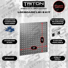 TRITON PRODUCTS Stationary Pegboard Panels: Square, 3/8 in Peg Hole Size, 24 in x 24 in x 9/16 in (MPN LB1-S Kit). Key specifications — Material: Stainless Steel; Finish: Brushed; Peg Hole Shape: Square; Includes: Mounting Hardware; Color: Stainless Steel; Brand: TRITON PRODUCTS.