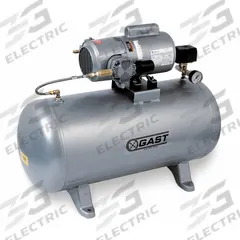 GAST Electric Air Compressor: 0.75 hp, 1 Stage, Horizontal, 20 gal, 4.7 cfm, 100 psi, Oil-Less (MPN 5HCD-100TA-M550NGX). Key specifications — attr48430: GAST; attr48445: 50 Hz; attr48448: Pressure Switch; attr48450: 240V AC; attr48474: Single; attr48487: Horizontal.