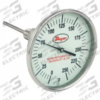 DWYER Glow-in-the-Dark Dial Thermometer: 0°F to 250°F, +/- 1% Accuracy, 5 in Dial Dia, Male (MPN GBTA54051). Key specifications — attr1275048: +/- 1%; attr1275052: DWYER.