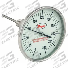 DWYER Glow-in-the-Dark Dial Thermometer: 0°F to 250°F, +/- 1% Accuracy, 5 in Dial Dia, Male (MPN GBTA54051). Key specifications — attr1275048: +/- 1%; attr1275052: DWYER.