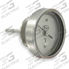 DWYER Sanitary Dial Thermometer: 0°F to 250°F, +/- 1% Accuracy, 5 in Dial Dia, 4.5 in Stem Lg (MPN BT15S54551). Key specifications — Accuracy: +/- 1%; Brand: DWYER.