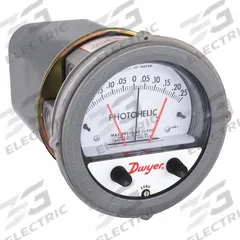 DWYER Differential Pressure Gauge & Switch: Single-Side, 1/8 in NPT Female, ±3% Gauge Accuracy (MPN A3300-0). Key specifications — Sensor Type: Diaphragm; Series: A3000 Photohelic; Housing Material: Die Cast Aluminum; Certificate of Calibration: Not Included; Gauge Accuracy: ±3%.
