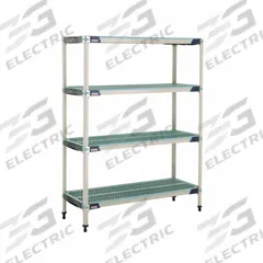 METRO Plastic Industrial Shelving: 18 in x 48 in, 62 in Overall Ht, 4 Shelves, Antimicrobial (MPN X356GX3). Key specifications — Resistance Properties: Antimicrobial; Frame Material: 304 Stainless Steel; Shelving Material: Polymer; Brand: METRO.