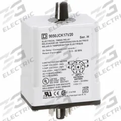 SCHNEIDER Single Function Time Delay Relay: Socket Mounted, 120V DC, 10 A, 8 Pins/Terminals (MPN 9050JCK17V20). Key specifications — Contact Rating (AC): 10 A @ 120/240V; Brand: SCHNEIDER.