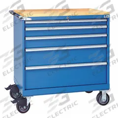 LISTA Modular Drawer Cabinet: 40 1/4 in x 22 1/2 in x 43 1/4 in, 5 Drawers, Tubular, Adj Dividers (MPN HS07-0505AB-MBKABB). Key specifications — Cabinet Color: Bright Blue; Frame Assembled: Assembled; Base Type: Casters; Drawer Inside Height: (1) 9 in; Drawer HxWxD: (1) 2 in x 36 in x 18 in; Work Surface Material: Butcher Block; Drawer Handle Type: Tubular; Cabinet Material: Steel.
