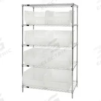 QUANTUM STORAGE SYSTEMS Bin Shelving: 42 in x 24 in x 74 in, 1 Sided, 8 Bins, Open, Clear, 5 Shelves (MPN WR5-955CL). Key specifications — Includes Bins: Yes; Bin Material: Polypropylene; Frame Color: Silver; Bin HxWxD: (8) 12 in x 18-1/4 in x 23-7/8 in; Frame Material: Steel; Bin Color: Clear; Bin Style: Hang and Stack; Brand: QUANTUM STORAGE SYSTEMS.