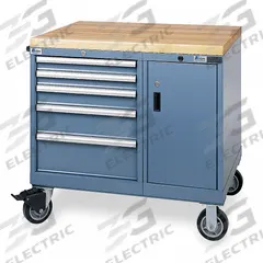 LISTA Modular Drawer Cabinet: 39 in x 28 1/2 in x 37 1/4 in, 5 Drawers, Adj Dividers, Casters, Blue (MPN MMPNW0600-0703A). Key specifications — Cabinet Color: Classic Blue; Frame Assembled: Assembled; Base Type: Casters; Drawer HxWxD: (1) 3 in x 18 in x 24 in; Work Surface Material: Butcher Block; Cabinet Material: Steel; Cabinet Style: Drawer; Number of Compartments per Drawer: (1) 10.