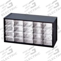 WESTWARD Drawer Bin Cabinet: 14 3/4 in x 6 in x 7 1/4 in, 20 Drawers, Stackable, Polystyrene, Black (MPN 31TT93). Key specifications — attr66719: Polystyrene; attr66728: Yes; attr66722: Clear; attr66720: Drawer; attr66714: Assembled; attr66726: (20) 1-1/2 in x 2-1/2 in x 5-3/4 in; attr66716: Black; attr66753: Polystyrene.