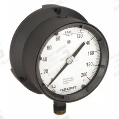 ASHCROFT Process Pressure Gauge: 0 psi to 200 psi, White, 4 1/2 in Dial, 1/2 in NPT Male, Bottom, 4X (MPN 451379ASL04L200#). Key specifications — Brand: ASHCROFT; Pointer Color: Black; Accuracy: ±0.5%; Dial Color: White; Gauge Wetted Parts: Brass / Bronze; Case Material: Epoxy-Coated Aluminum; Vibration Resistance Properties: Liquid-Filled; Pressure Range: 0 psi to 200 psi.