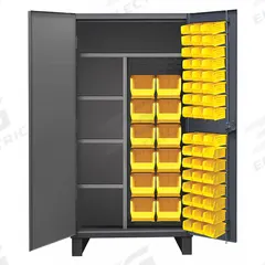 DURHAM MFG Bin Cabinet: 36 in x 24 in 78 in, 4 Shelves, 60 Bins, Yellow, Flush/Solid, 12 ga Panel (MPN HDJC243678-60-4S95). Key specifications — Bin Color: Yellow; Bin HxWxD: (12) 8 in x 15 in x 7 in; Assembled: Assembled; Cabinet Style: Shelf and Bin; Brand: DURHAM MFG; Cabinet Color: Gray; Cabinet Finish: Powder Coated; Cabinet Material: Steel.