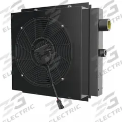 AKG Forced Air Oil Cooler: 30 hp Heat Removed, 80 gpm Max. Flow, 250 psi Max. Pressure, 12V DC (MPN DCSB20-12-BP25-3). Key specifications — attr96059: SAE #20; attr96056: IP 68; attr96057: 12V DC; attr98919: AKG.