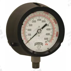 WINTERS Process Pressure Gauge: 0 psi to 5,000 psi, White, 4 1/2 in Dial, 1/2 in NPT Male, Bottom, 4 (MPN PPC5074G-SG45). Key specifications — Brand: WINTERS; Pointer Color: Black; Accuracy: ±0.5%; Dial Color: White; Gauge Wetted Parts: Stainless Steel; Case Material: Phenolic; Vibration Resistance Properties: Liquid-Filled; Pressure Range: 0 psi to 5,000 psi.