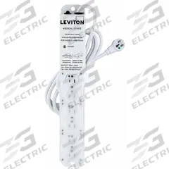 LEVITON Outlet Strip: 6 Outlets, 7 ft Cord Lg, 644 J Rated Energy, 15 A Current, White, 5-15P, 5-15R (MPN 5306M-1N7). Key specifications — Brand: LEVITON; Mounting Style: Screw.