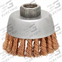 WEILER Cup Brush: Twisted Bronze, 2 3/4 in Dia, 0.02 in Fill Dia, 5/8"-11 Arbor (MPN 93810). Key specifications — Brand: WEILER; Bristle Type: Standard Twist Knot Wire; Connection Size & Type: 5/8"-11 Arbor Hole.