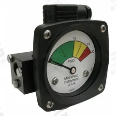 MIDWEST INSTRUMENT 3-Color Differential Pressure Indicator: 1,000 psig Max. Static Pressure, 522 (MPN 522A-020-LA). Key specifications — Brand: MIDWEST INSTRUMENT; Accuracy: ±5% of Full Scale; Sensor Material: Buna-N; Housing Material: Aluminum; Transition Points: 0 psid to 10 psid (Green) / 10 psid to 15 psid (Yellow) / 15 psid to 20 psid (Red).