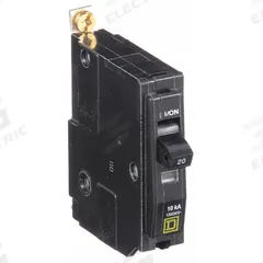 SQUARE D Miniature Circuit Breaker: 20 A, 120/240V AC, Single Phase, 10kA at 120/240V AC, 1 Poles (MPN QOB120HID). Key specifications — Phase: Single; Amps: 20 A; AC Voltage Rating: 120/240V AC; Max. AIR Rating: 10kA at 120/240V AC; For Use With: Square D NQOD Panelboards; Brand: SQUARE D.